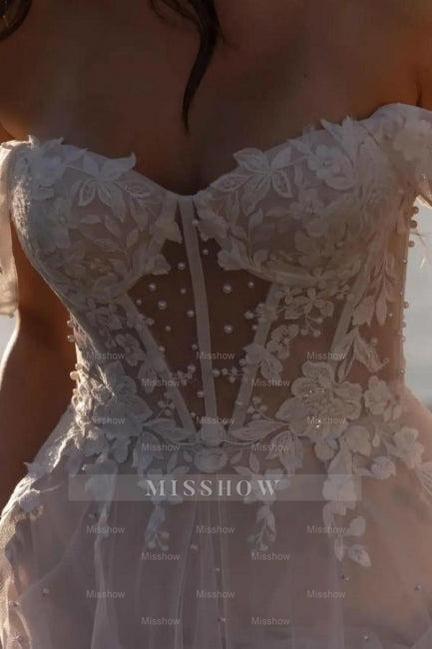 Fabulous A-Line Lace Off-The-Shoulder Sleeveless White Wedding Dress With Ruffles