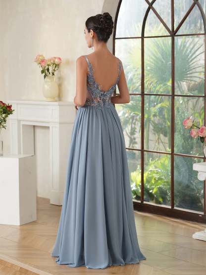 Fabulous A-line Spaghetti Straps Pleated Chiffon Floor Length Dress with Appliques