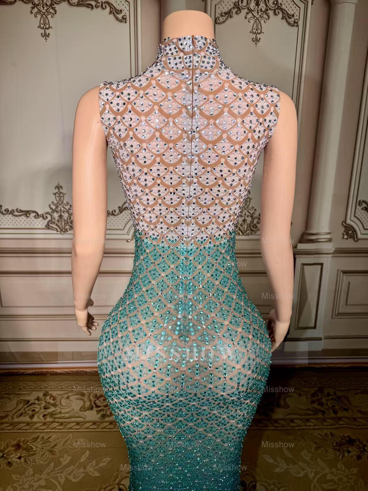 Fabulous Blue Mermaid High-Neck Beaded Sleeveless Floor-Length Prom Dresses With Rhinestones