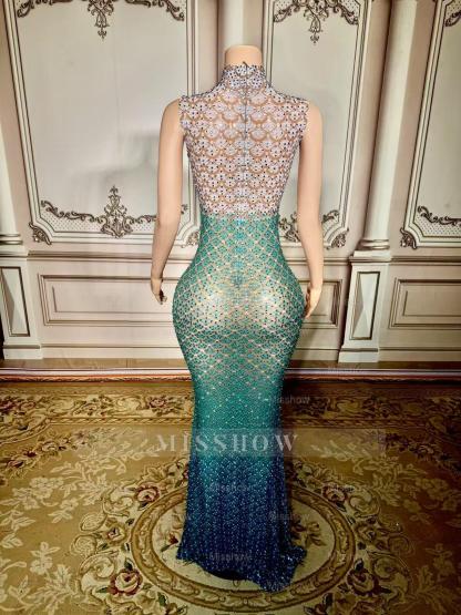 Fabulous Blue Mermaid High-Neck Beaded Sleeveless Floor-Length Prom Dresses With Rhinestones