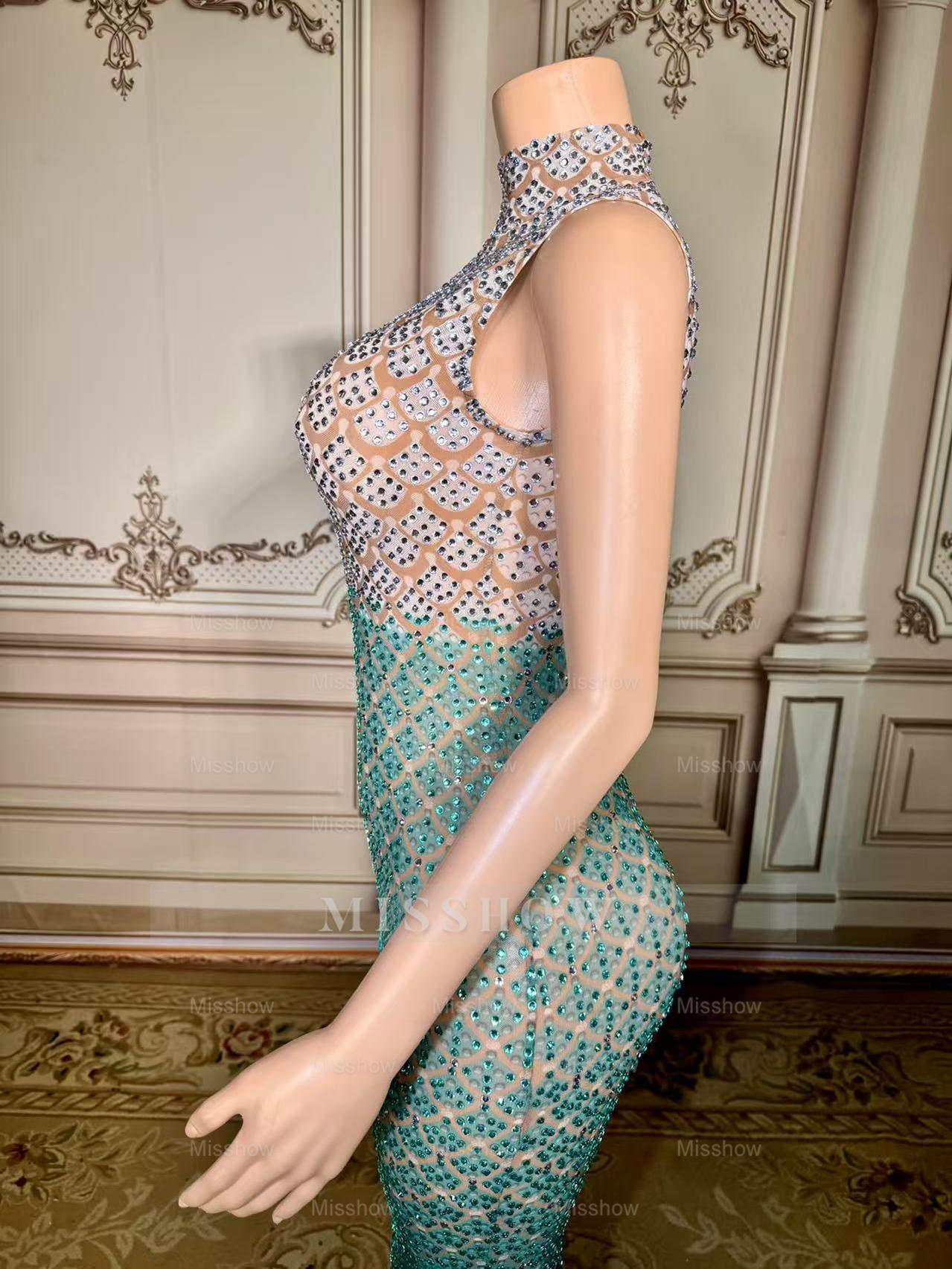 Fabulous Blue Mermaid High-Neck Beaded Sleeveless Floor-Length Prom Dresses With Rhinestones