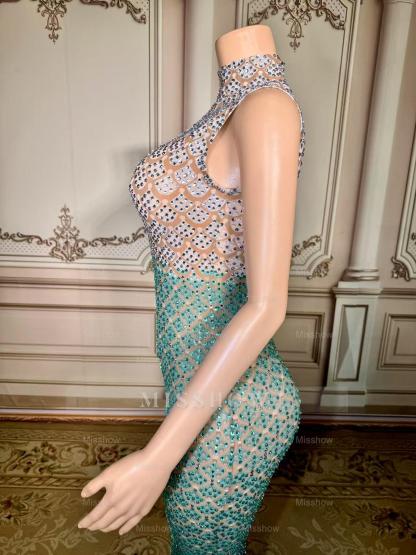 Fabulous Blue Mermaid High-Neck Beaded Sleeveless Floor-Length Prom Dresses With Rhinestones