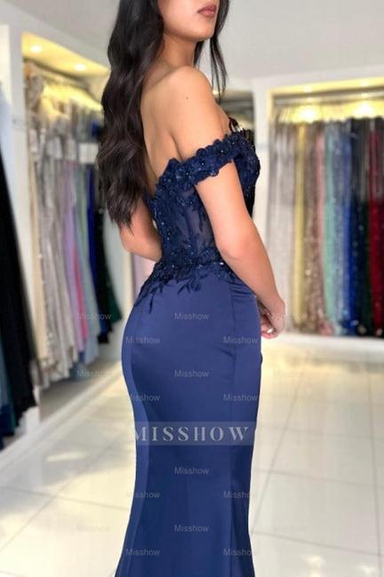 Fabulous Column Satin Lace Off-The-Shoulder Sleeveless Prom Evening Dresses With Appliques Split Front