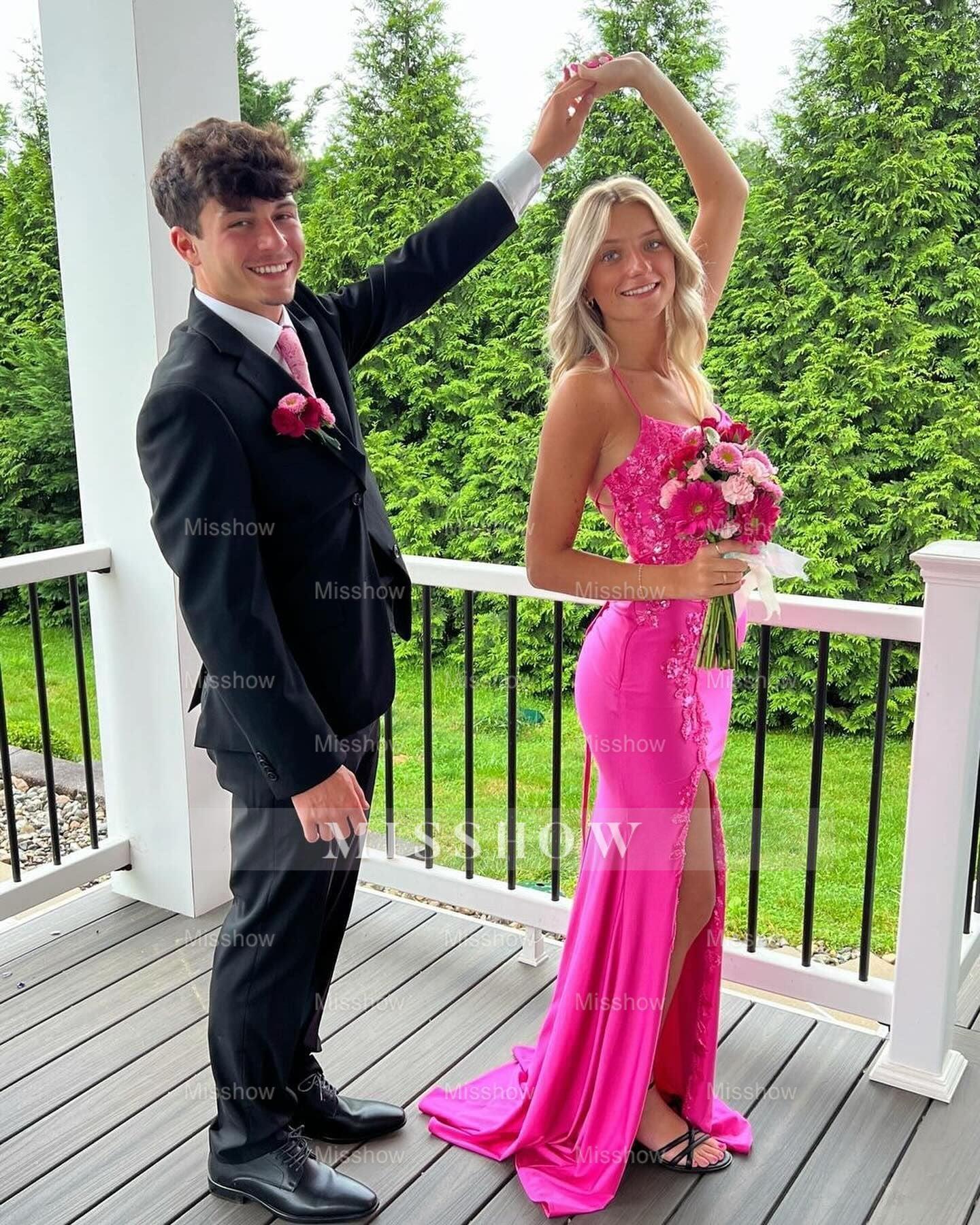 Fabulous Column Satin Spaghetti Straps Sleeveless Pink Prom Dresses With Appliques Split Front