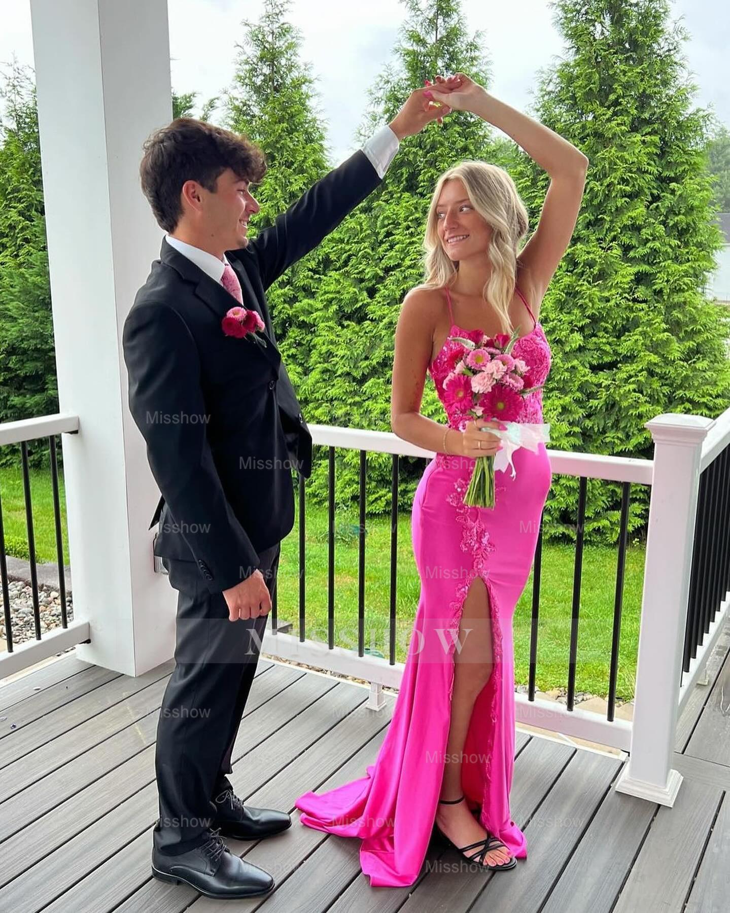 Fabulous Column Satin Spaghetti Straps Sleeveless Pink Prom Dresses With Appliques Split Front