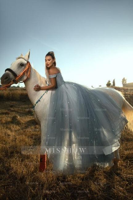 Fabulous Dusty Blue A-Line Off-The-Shoulder Sleeveless Lace Long Tulle Prom Dresses With Sequins