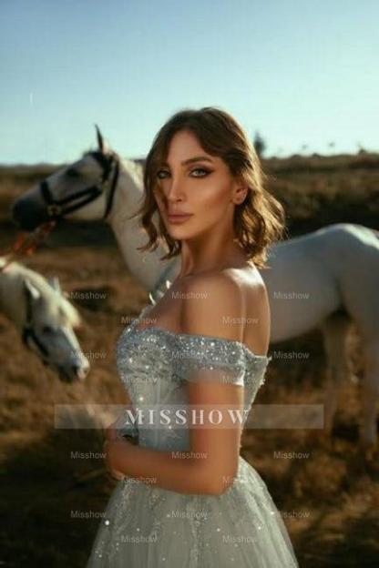 Fabulous Dusty Blue A-Line Off-The-Shoulder Sleeveless Lace Long Tulle Prom Dresses With Sequins