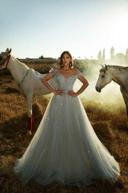 Fabulous Dusty Blue A-Line Off-The-Shoulder Sleeveless Lace Long Tulle Prom Dresses With Sequins
