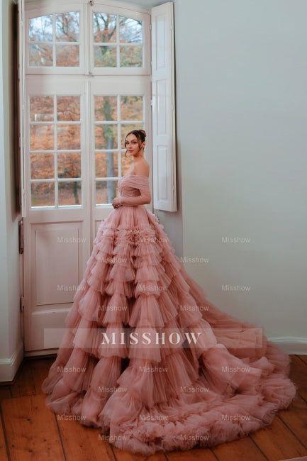 Fabulous Dusty Rose A-Line Strapless Off-The-Shoulder Long Sleeves Sweep Train Ball Gown Tulle Prom Dresses With Ruffles