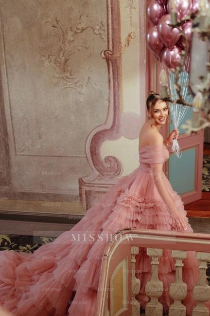 Fabulous Dusty Rose A-Line Strapless Off-The-Shoulder Long Sleeves Sweep Train Ball Gown Tulle Prom Dresses With Ruffles