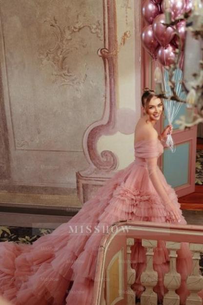 Fabulous Dusty Rose A-Line Strapless Off-The-Shoulder Long Sleeves Sweep Train Ball Gown Tulle Prom Dresses With Ruffles