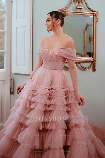 Fabulous Dusty Rose A-Line Strapless Off-The-Shoulder Long Sleeves Sweep Train Ball Gown Tulle Prom Dresses With Ruffles