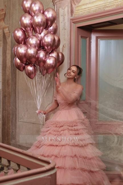 Fabulous Dusty Rose A-Line Strapless Off-The-Shoulder Long Sleeves Sweep Train Ball Gown Tulle Prom Dresses With Ruffles