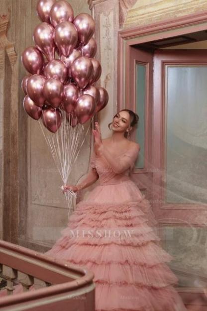 Fabulous Dusty Rose A-Line Strapless Off-The-Shoulder Long Sleeves Sweep Train Ball Gown Tulle Prom Dresses With Ruffles