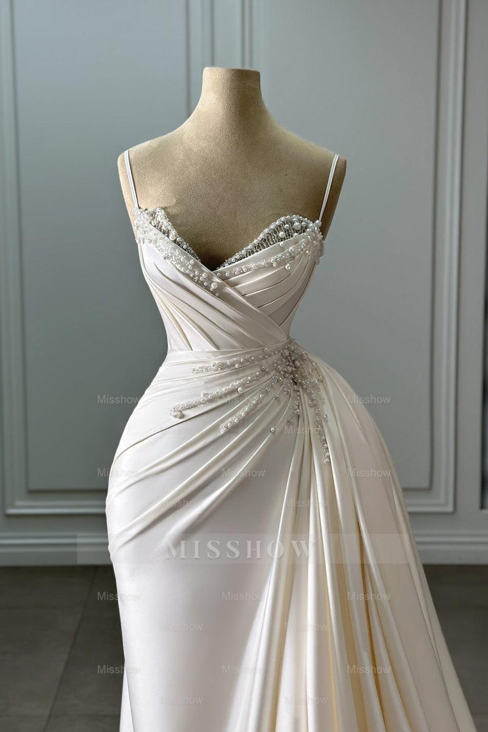 Fabulous Ivory Column Sweetheart Spaghetti Strap Sleeveless Beaded Panel Train Ruffle Long Satin Wedding Dresses With Pearls