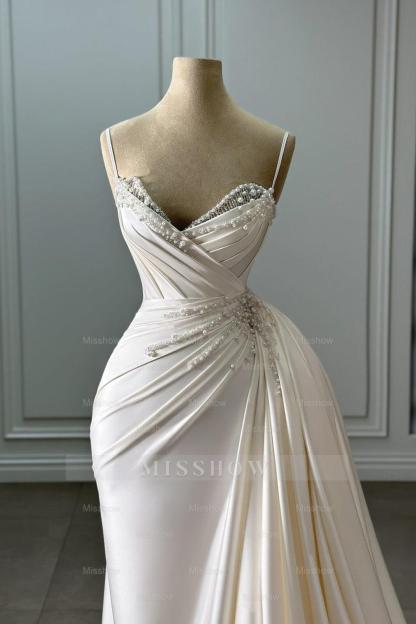 Fabulous Ivory Column Sweetheart Spaghetti Strap Sleeveless Beaded Panel Train Ruffle Long Satin Wedding Dresses With Pearls