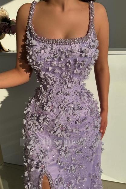Fabulous Lilac Mermaid Spaghetti Strap Beaded Sleeveless Split Front Floor-Length Prom Dresses With Pearls And 3D Flowers
