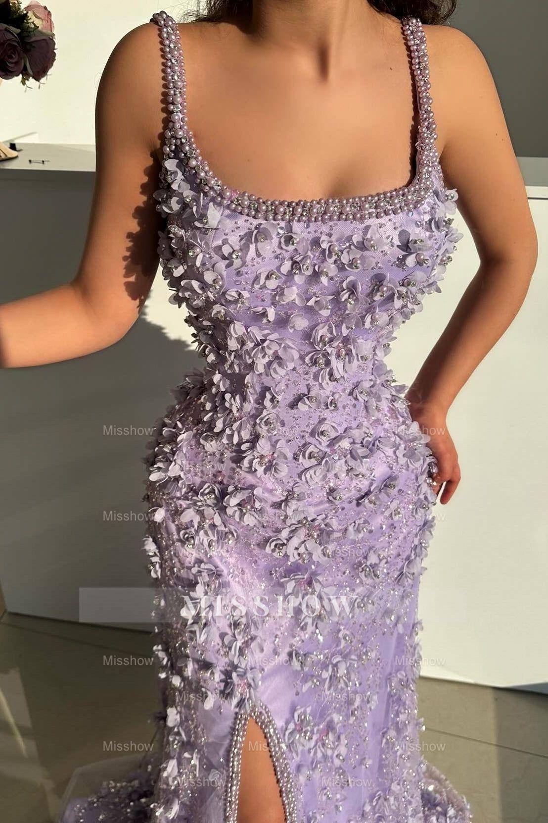 Fabulous Lilac Mermaid Spaghetti Strap Beaded Sleeveless Split Front Floor-Length Prom Dresses With Pearls And 3D Flowers