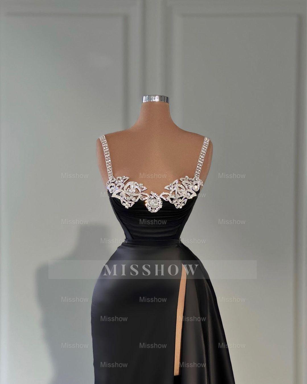 Fabulous Long Black A-line Straps Crystal Sleeveless Prom Dress With Slit