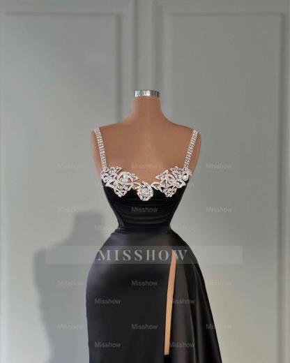 Fabulous Long Black A-line Straps Crystal Sleeveless Prom Dress With Slit