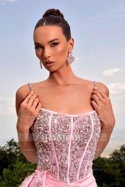 Fabulous Long Pink Mermaid Spaghetti Straps Beading Pearls Satin Prom Evening Dresses with Slit