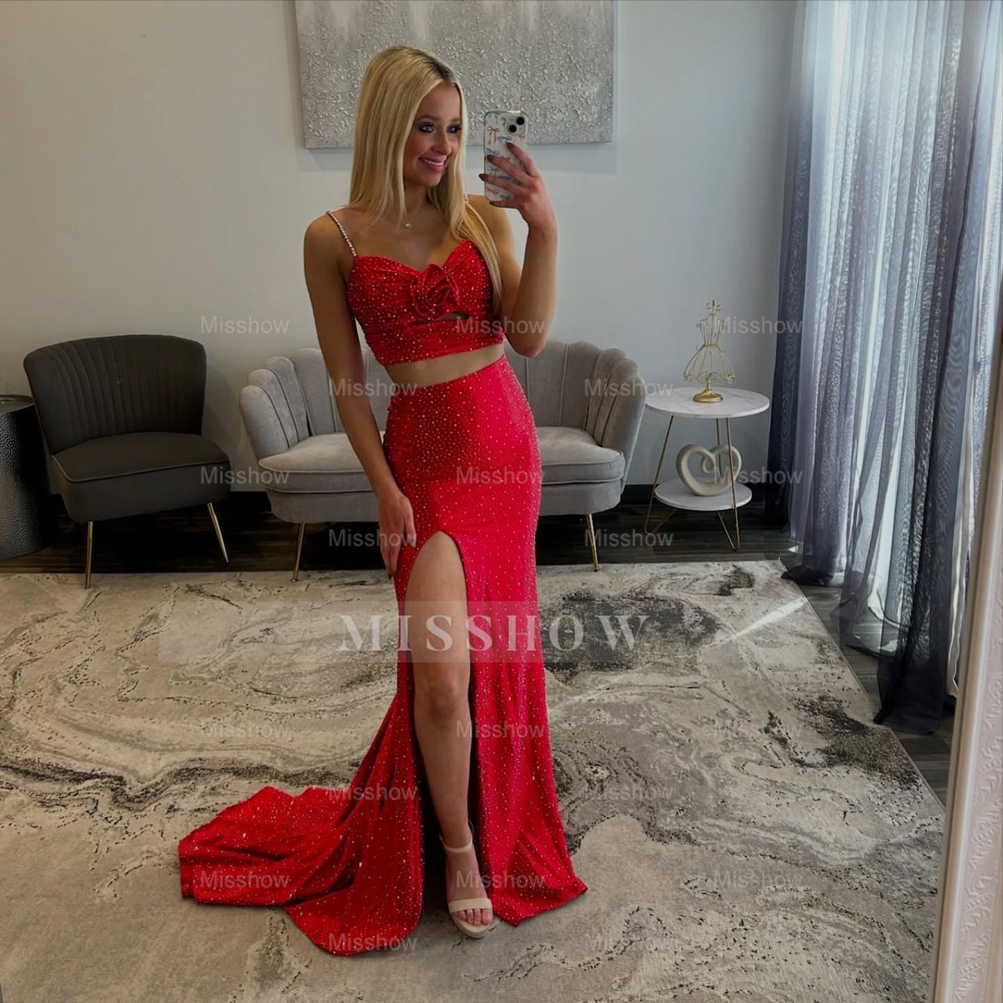 Fabulous Long Red Mermaid Speghetti Straps Two-piece Prom Dress with Slit