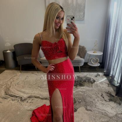 Fabulous Long Red Mermaid Speghetti Straps Two-piece Prom Dress with Slit