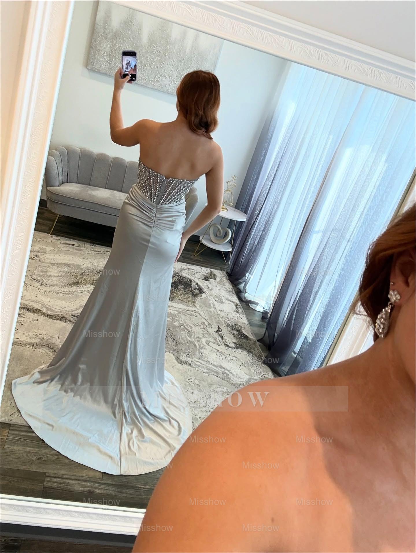 Fabulous Long Silver Mermaid Strapless Rhinestones Prom Dress with Slit