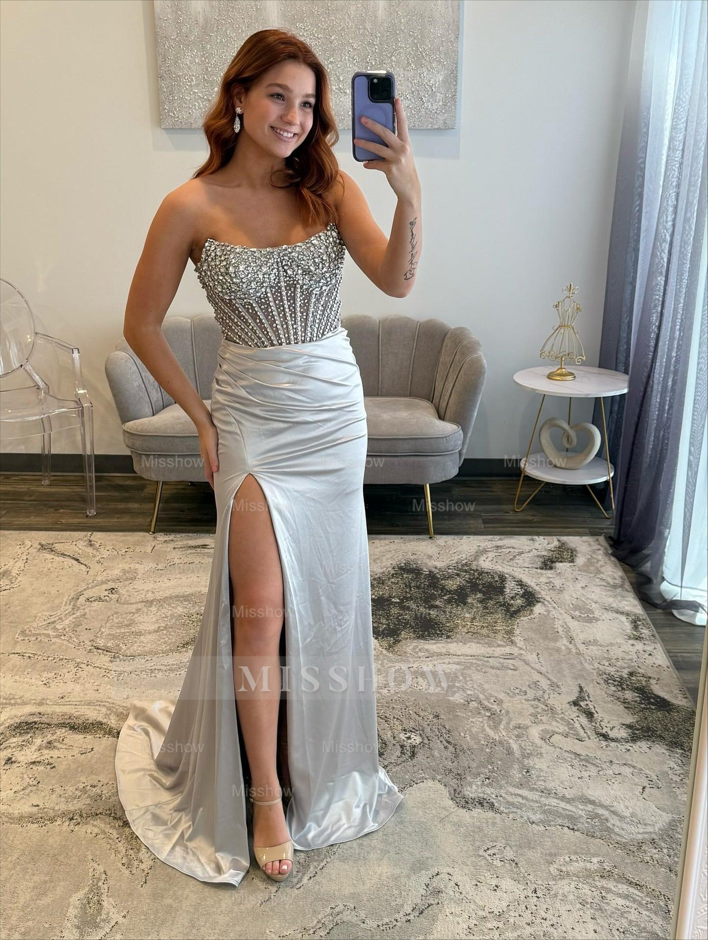 Fabulous Long Silver Mermaid Strapless Rhinestones Prom Dress with Slit