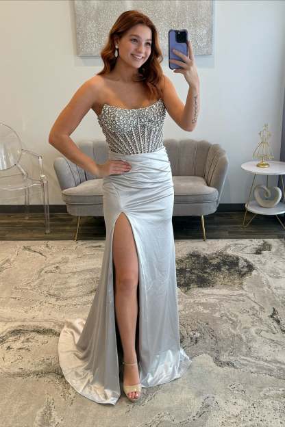 Fabulous Long Silver Mermaid Strapless Rhinestones Prom Dress with Slit