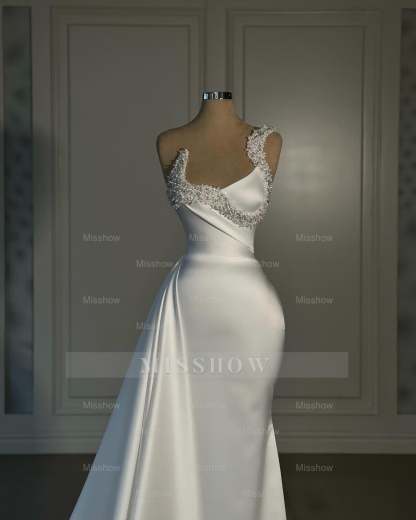 Fabulous Mermaid Satin One Shoulder Sleeveless White Wedding Dresses With Rhinestone