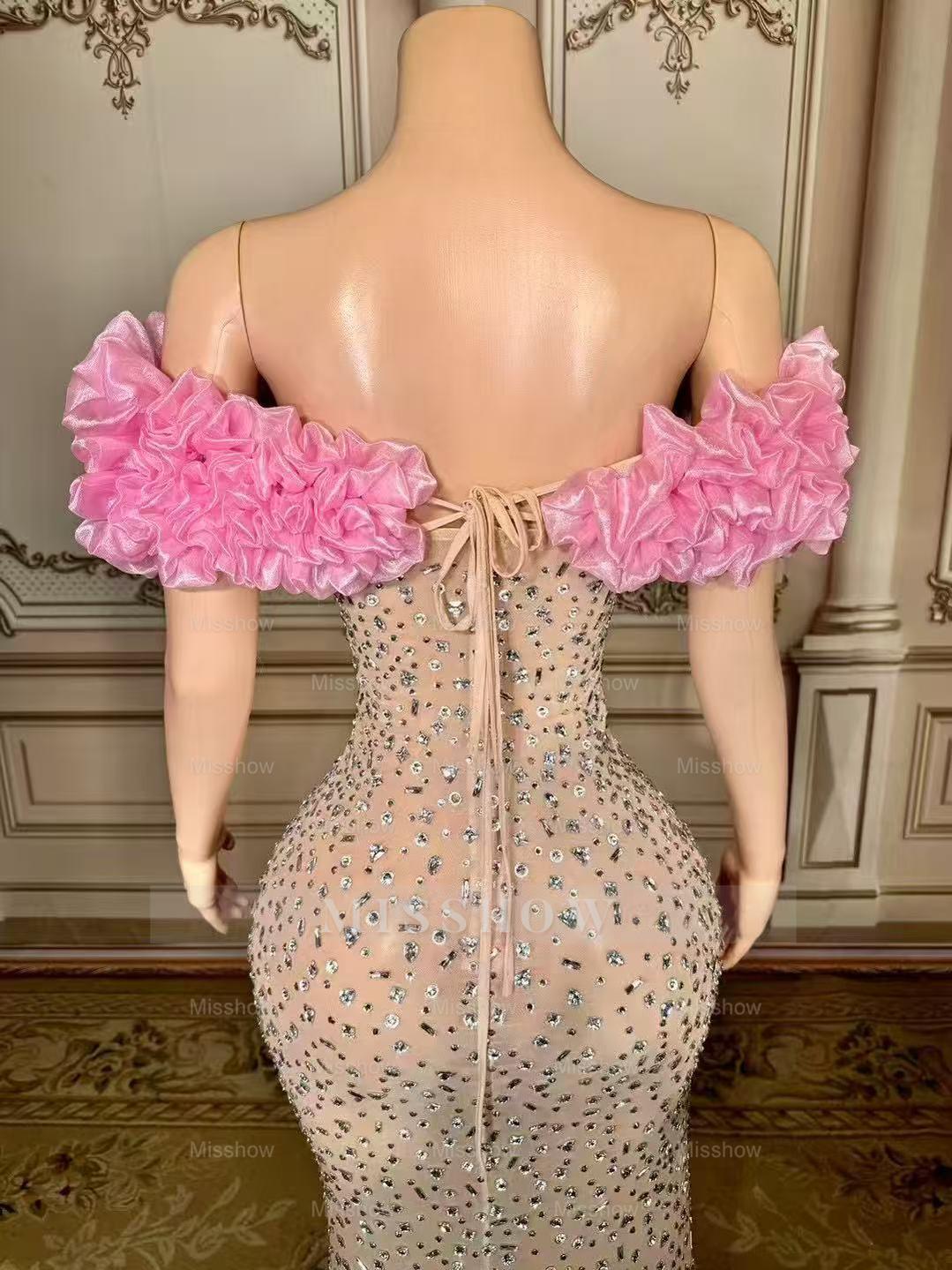 Fabulous Mermaid Strapless Off-The-Shoulder 3D Flowers Beaded Sleeveless Tulle Long Prom Dresses With Slit