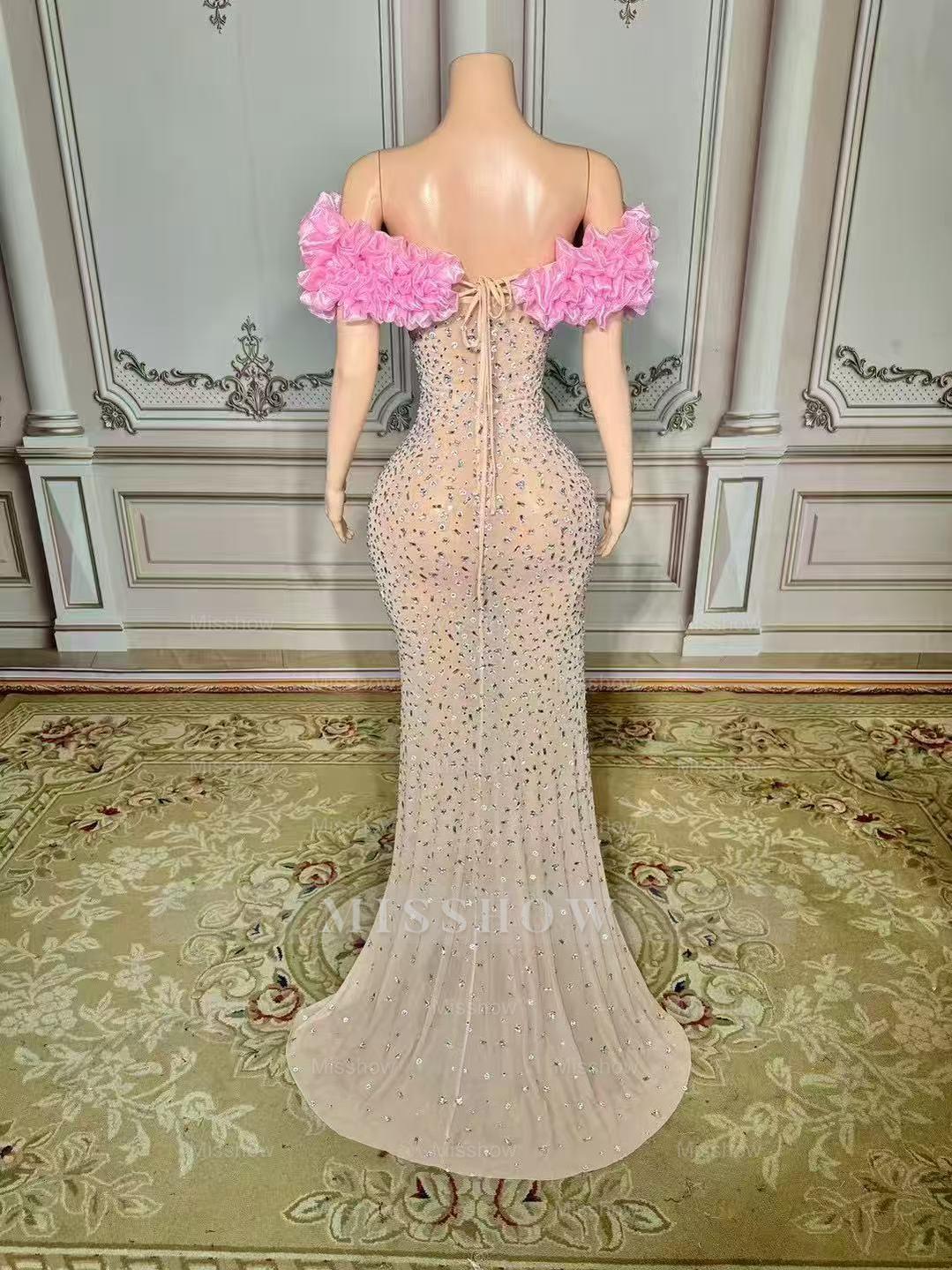Fabulous Mermaid Strapless Off-The-Shoulder 3D Flowers Beaded Sleeveless Tulle Long Prom Dresses With Slit