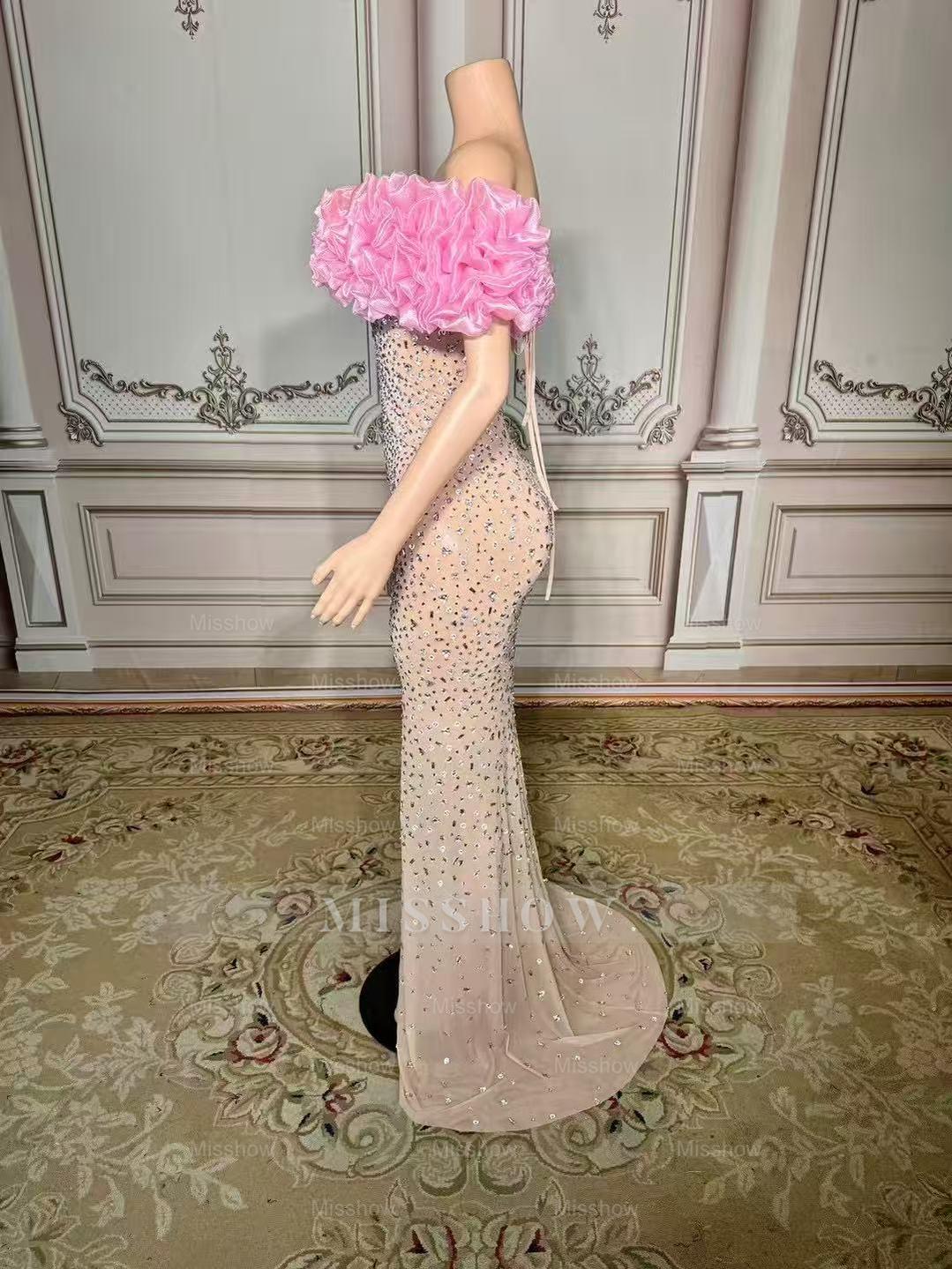 Fabulous Mermaid Strapless Off-The-Shoulder 3D Flowers Beaded Sleeveless Tulle Long Prom Dresses With Slit