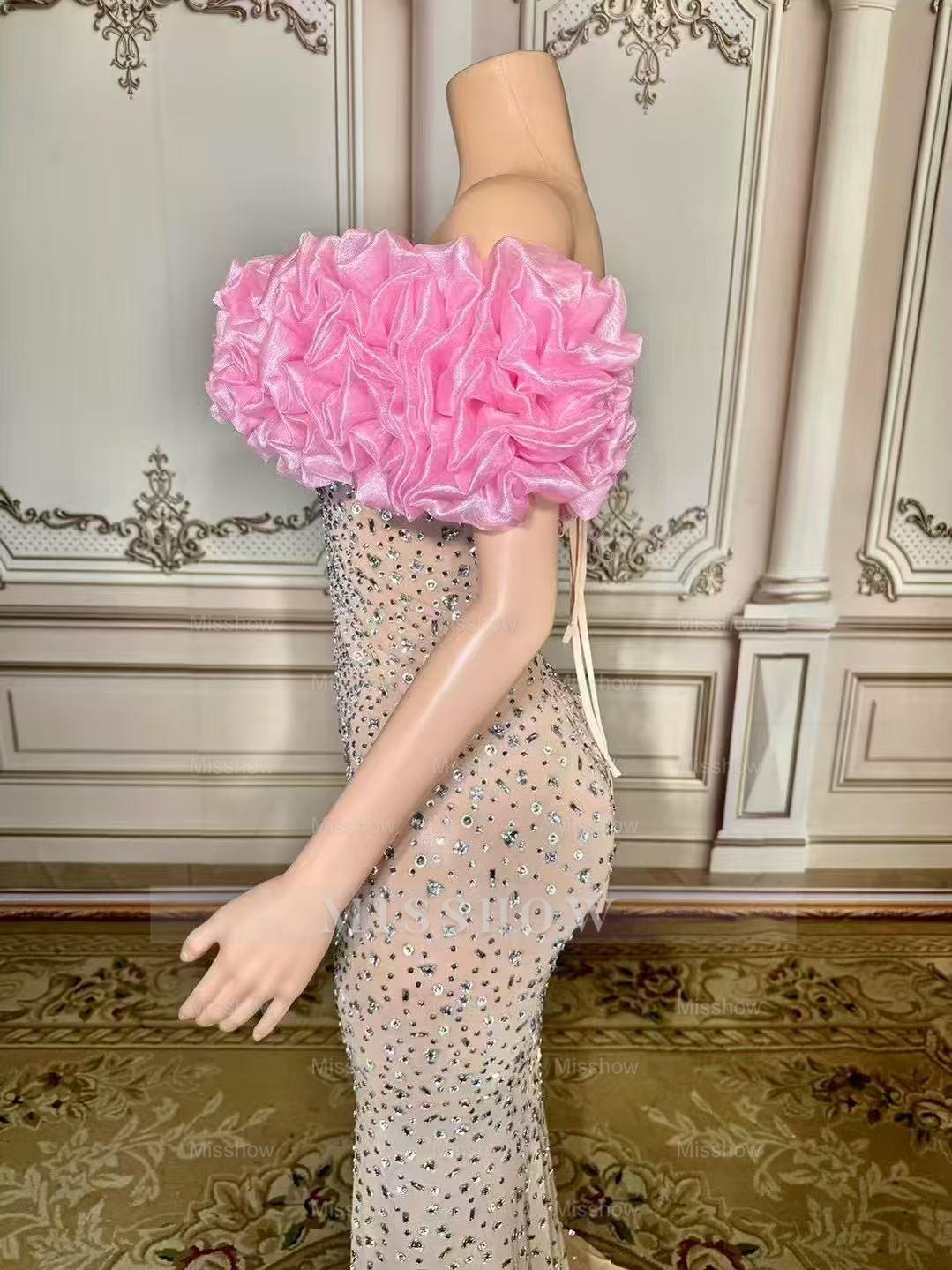 Fabulous Mermaid Strapless Off-The-Shoulder 3D Flowers Beaded Sleeveless Tulle Long Prom Dresses With Slit