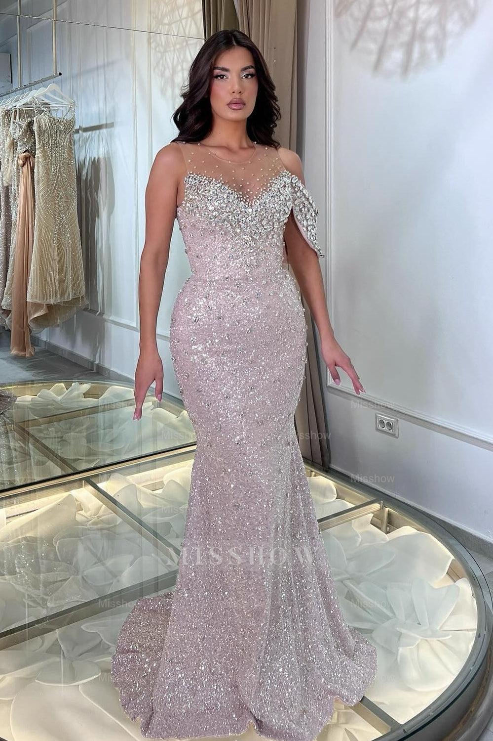 Fabulous Pink Mermaid Crew One-Shoulder Sleeveless Beaded Tulle Prom Dresses With Rhinestone