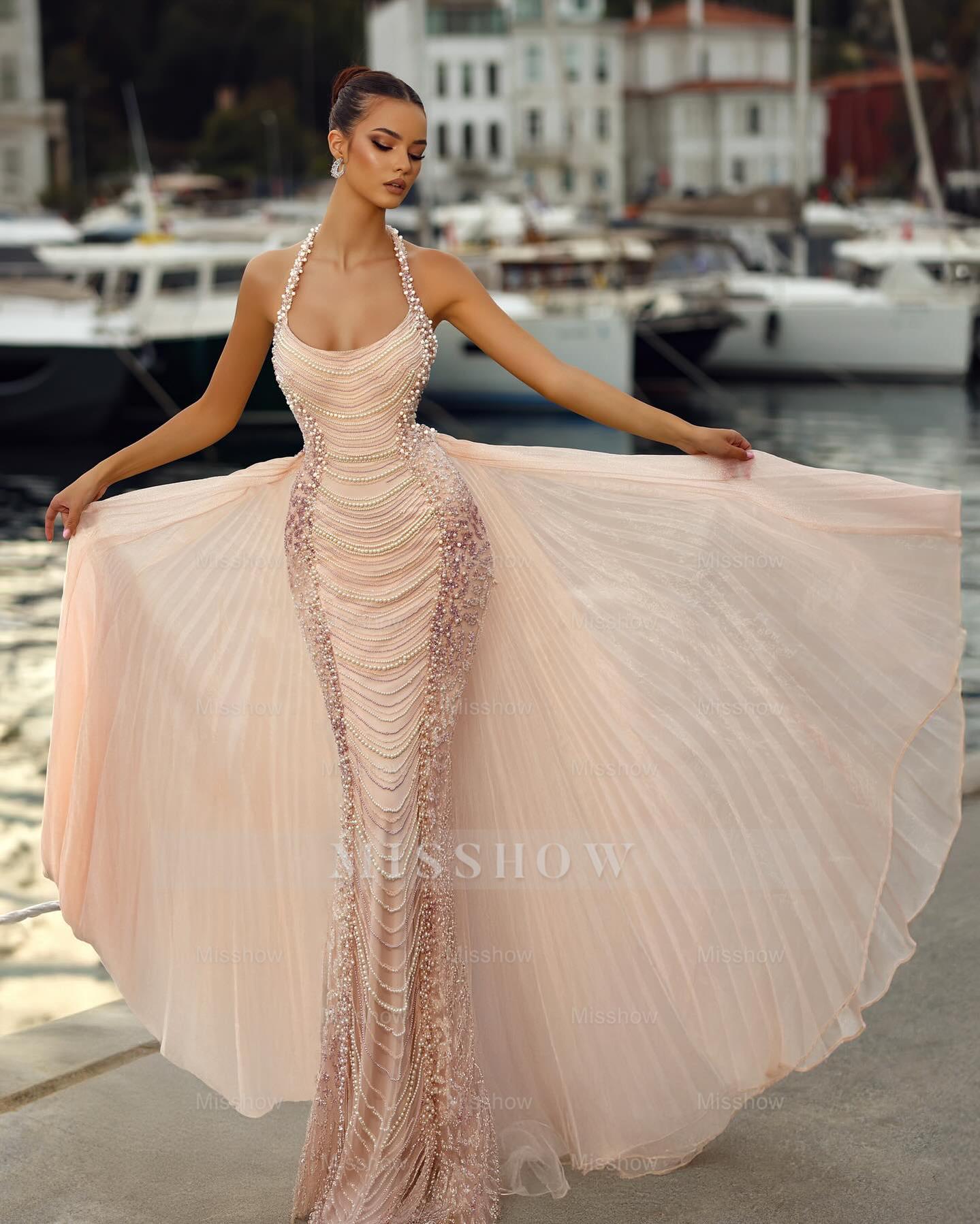 Fabulous Pink Mermaid Halter Strapless Sleeveless Beaded Pearls Long Prom Dresses With Detachable Train