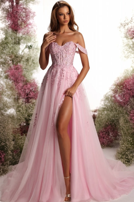 Fabulous Pink Sweetheart Off-The-Shoulder A-Line Sleeveless Split Front Tulle Prom Dresses With Appliques