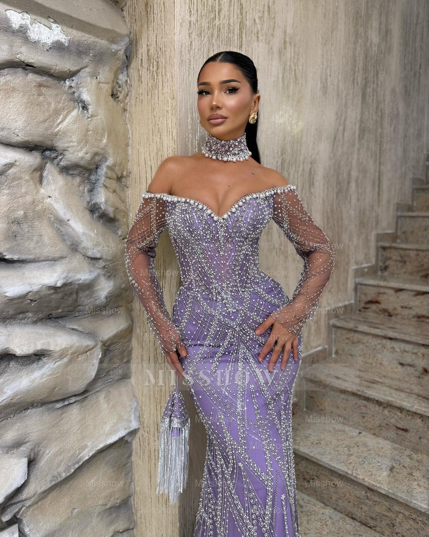Fabulous Purple Mermaid Sweetheart Off-The-Shoulder Long Sleeves Beaded Long Prom Dress With Rhinestones
