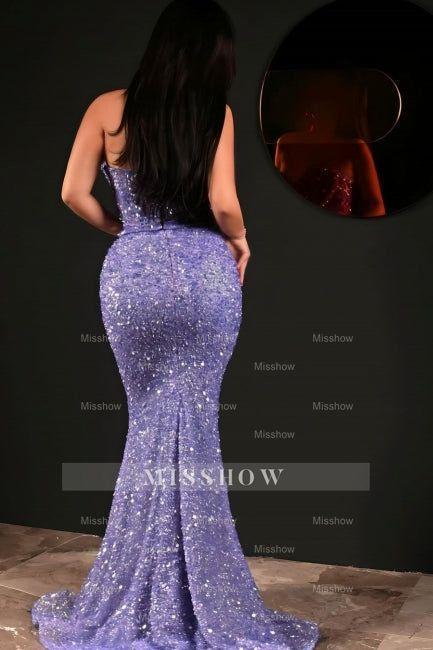 Fabulous Purple Mermaid Sweetheart Sequined Sleeveless Floor-Length Prom Dress With Ruffles