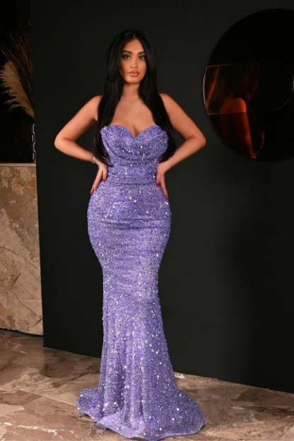 Fabulous Purple Mermaid Sweetheart Sequined Sleeveless Floor-Length Prom Dress With Ruffles