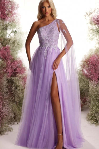 Fabulous Purple One-Shoulder A-Line Cap Sleeve Split Front Tulle Prom Dresses With Appliques