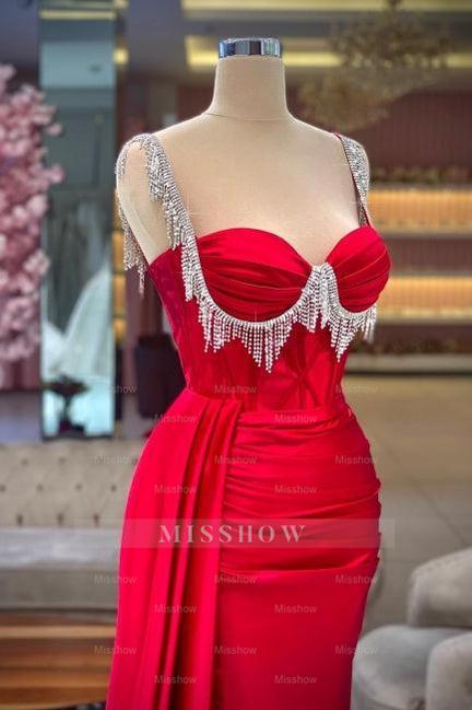 Fabulous Red Column Sweetheart Spaghetti Strap Sleeveless Panel Train Satin Evening Dresses With Tassel