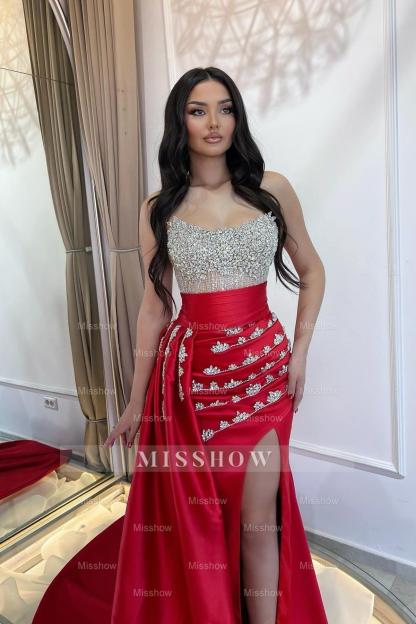 Fabulous Red Strapless Mermaid Beaded Sleeveless Split Front Ruffle Panel Train Satin Prom Dresses With Rhinestone