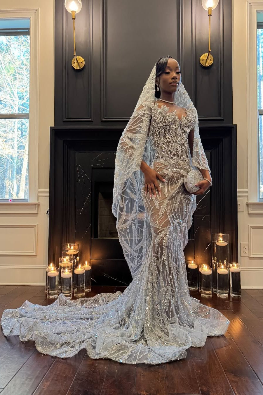 Fabulous Silver Mermaid Strapless Lace Long Prom Dress with Veil