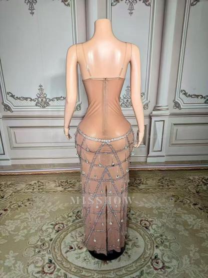 Fabulous Sweetheart Spaghetti Strap Column Beaded Sleeveless Slit Long Tulle Prom Dresses With Rhinestones