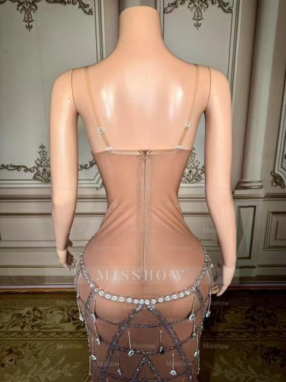 Fabulous Sweetheart Spaghetti Strap Column Beaded Sleeveless Slit Long Tulle Prom Dresses With Rhinestones