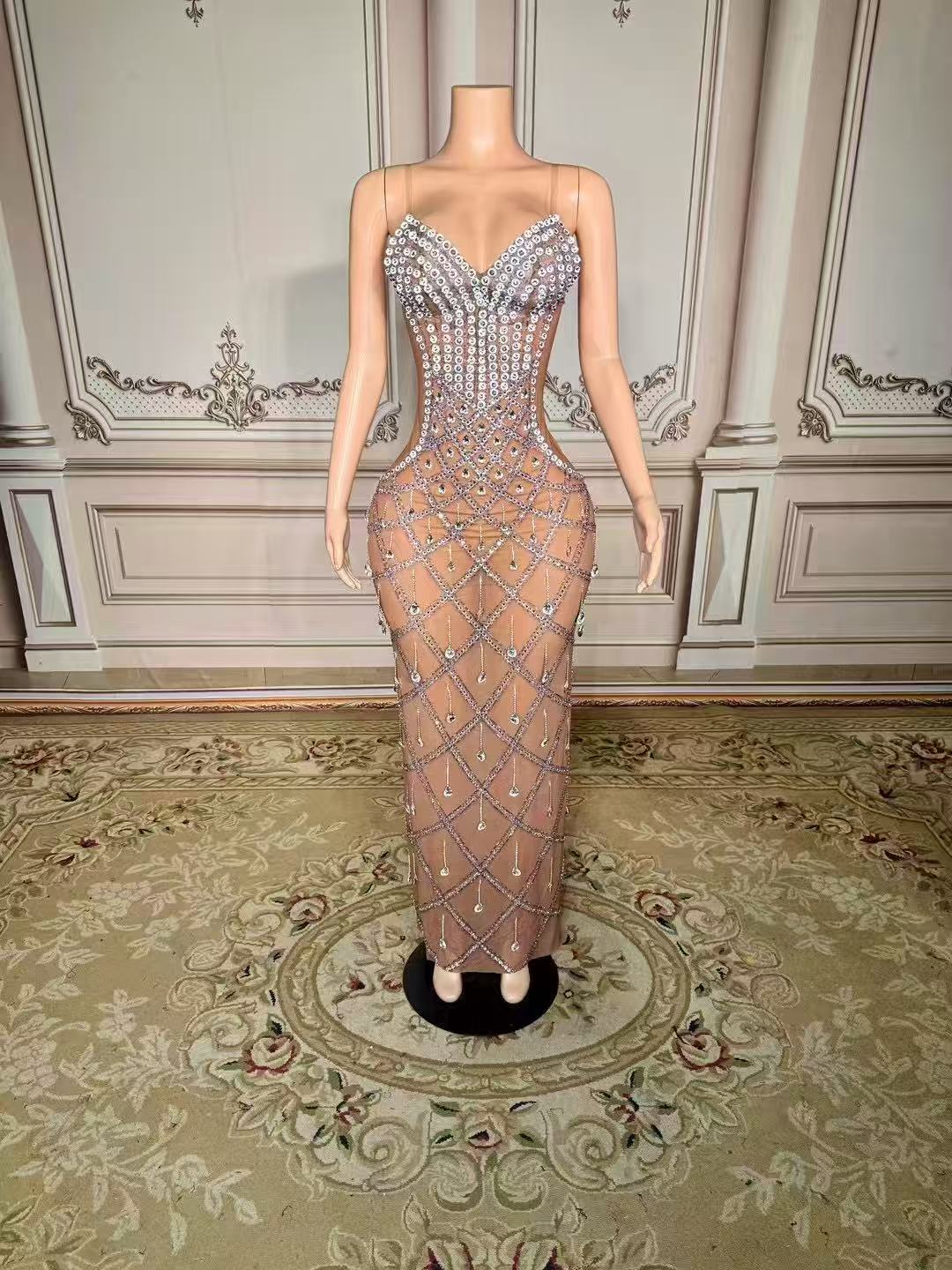 Fabulous Sweetheart Spaghetti Strap Column Beaded Sleeveless Slit Long Tulle Prom Dresses With Rhinestones