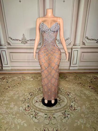 Fabulous Sweetheart Spaghetti Strap Column Beaded Sleeveless Slit Long Tulle Prom Dresses With Rhinestones