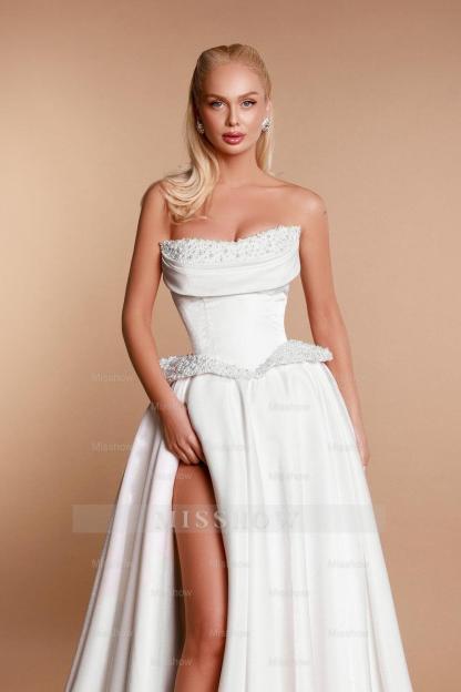 Fabulous White A-Line Strapless Sleeveless Beaded Long Split Front Satin Wedding Dresses With Pearls